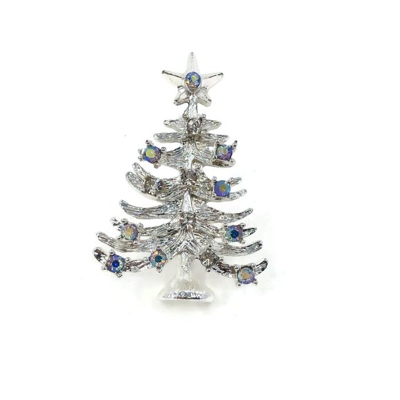 Vintage Silver Christmas Tree Rhinestones Brooch - Picture 1 of 7